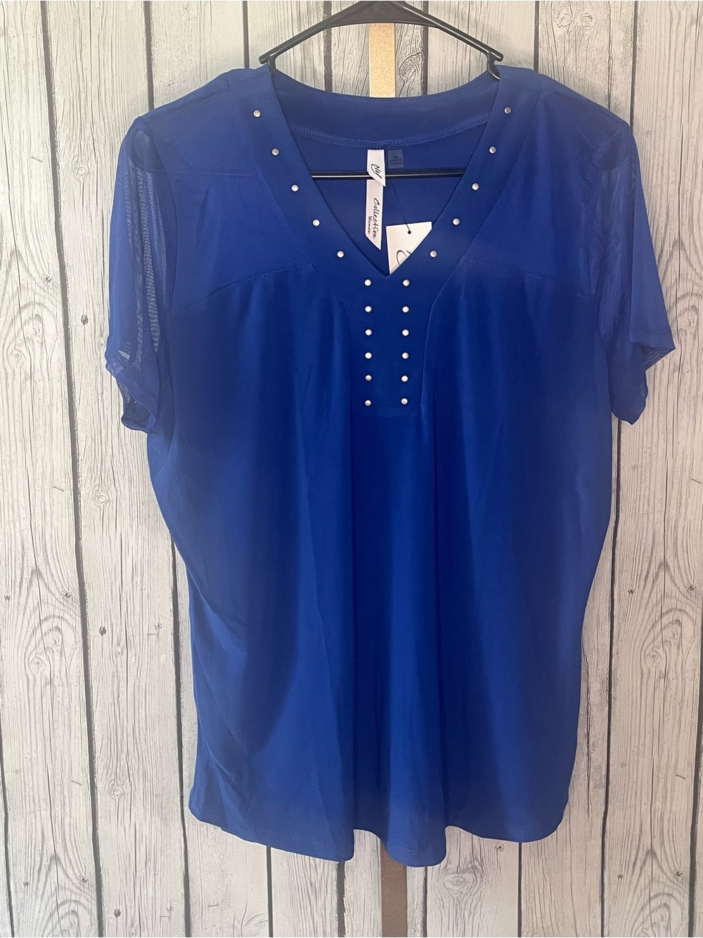 NY Collection NWT Size 1X Rhinestone Embellished V Neck Mesh Sleeve Top Blue